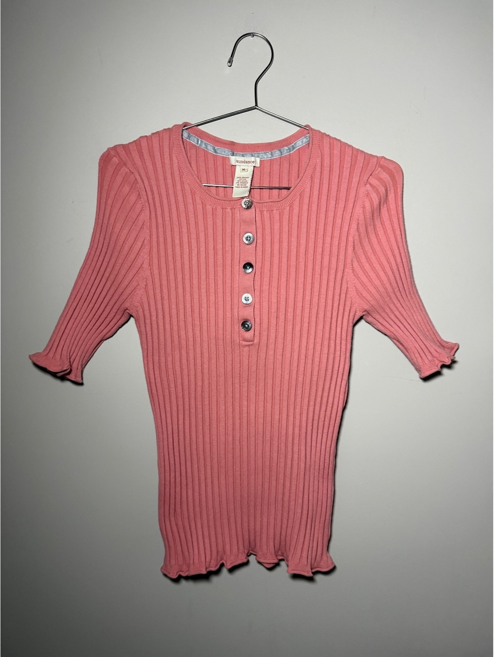 Sundance Pink Stretchy Wide Rib Knit Living Legend Henley Slim Top Size XL